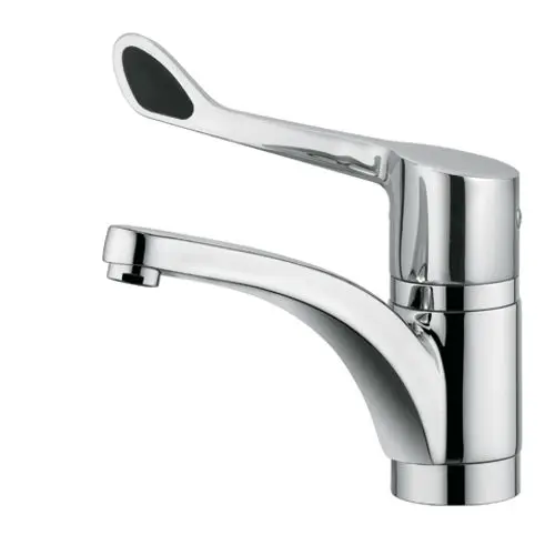 Edelstahl-Küchenarmatur mit einem langen Hebel, designed für einfache Bedienung. Marke Kludi, glänzende Oberfläche und schlichte Form.